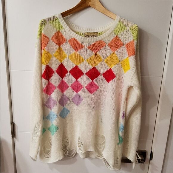 WildFox Rainbow Check Lennon Super Oversize Sweater Size S (Fit M,L) - Picture 3 of 11